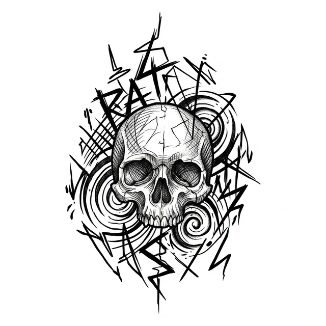 illustrative Skull tattoo design, black and grey