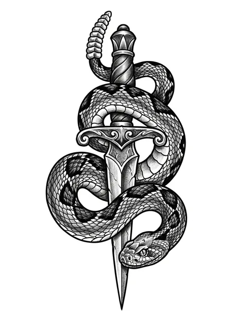 Black and grey illustrative snake and dagger tattoo design
