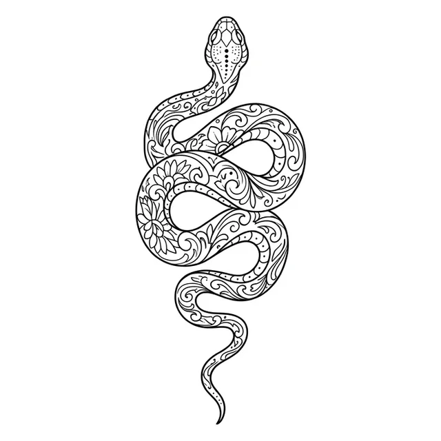 Black and grey illustrative snake and flower tattoo design: a coiled snake