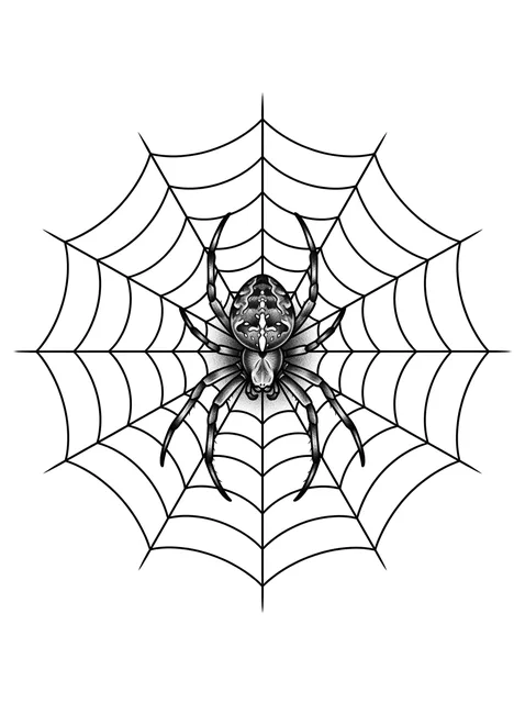 Black and grey illustrative spider tattoo design: a spider centered on a spiderweb