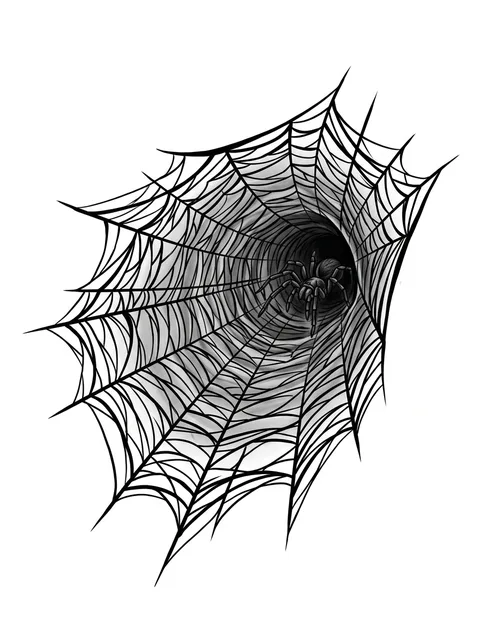 Black and grey illustrative spider tattoo design: a spider in a web tunnel