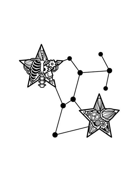 Black and white illustrative star and skeleton tattoo design: a constellation of stars