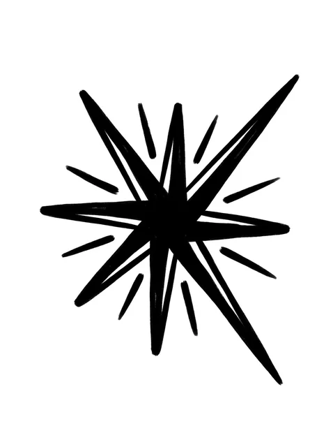 Black and grey illustrative star tattoo design: a stylized starburst