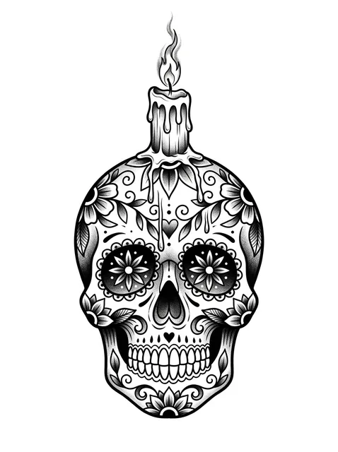 Black and grey illustrative sugar skull and candle tattoo design
