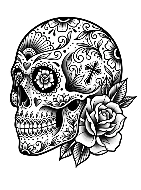 Black and grey illustrative sugar skull and rose tattoo design