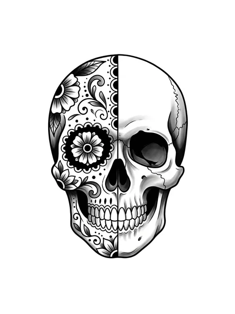 Black and grey illustrative sugar skull tattoo design