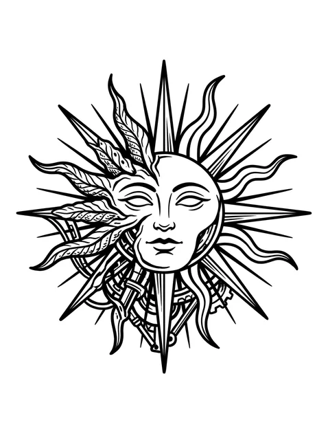 Black and white illustrative sun and mandala tattoo design