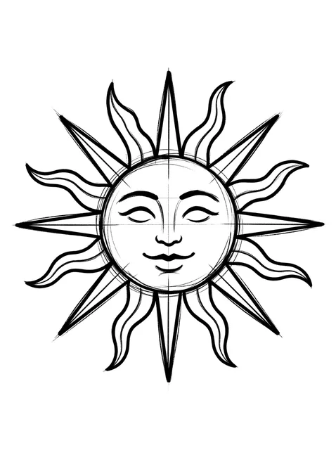 illustrative Sun tattoo design, black and grey