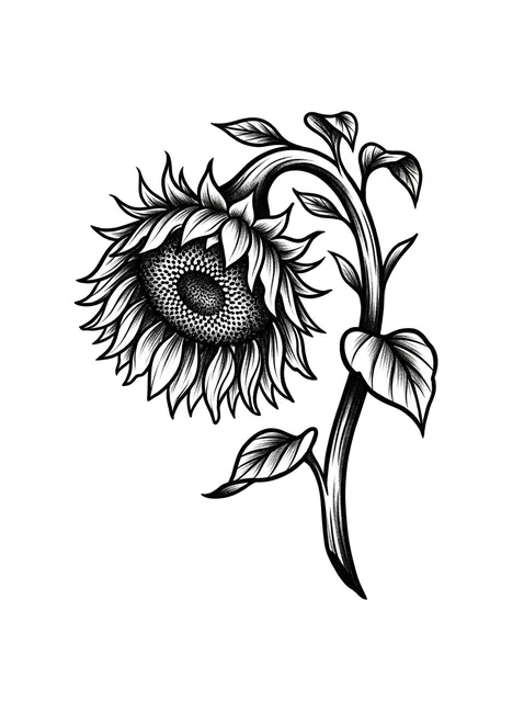 Black and white illustrative sunflower and flower tattoo design