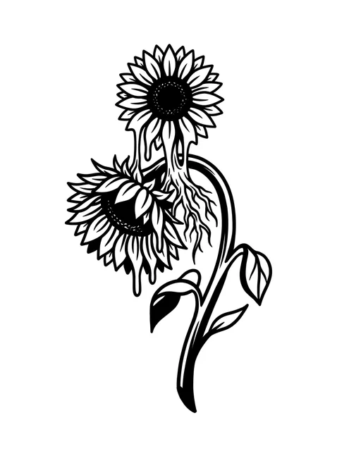 illustrative Sunflower tattoo design, black and grey