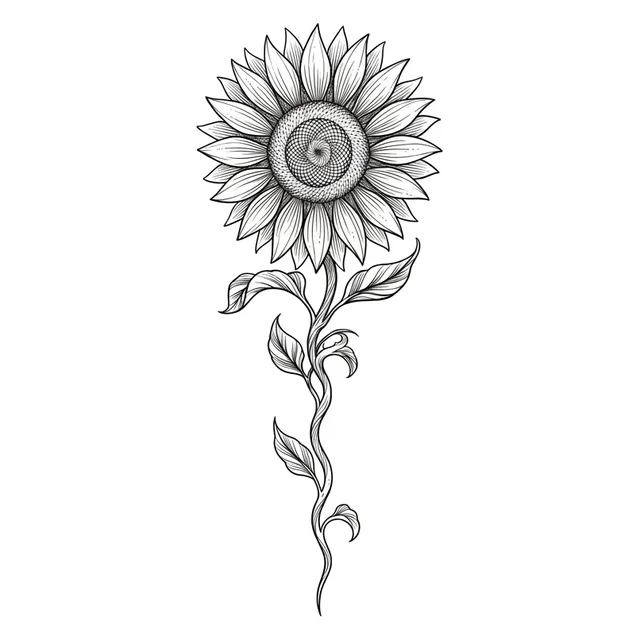 illustrative Sunflower tattoo design, black and grey
