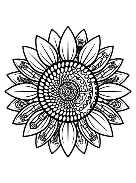 Black and grey illustrative mandala and sunflower tattoo design: a steampunk-inspired sunflower