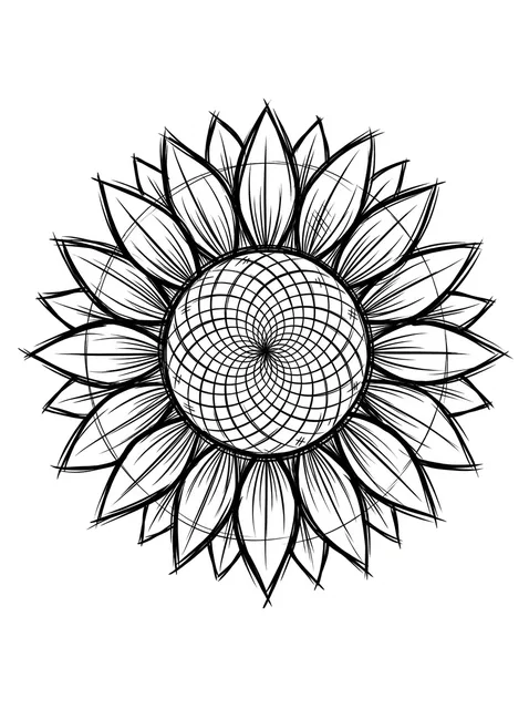 Black and white illustrative mandala and sunflower tattoo design