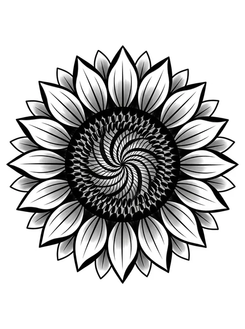 illustrative Sunflower tattoo design, black and grey