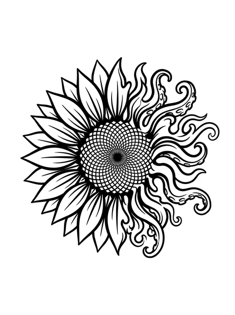 illustrative Sunflower tattoo design, black and grey