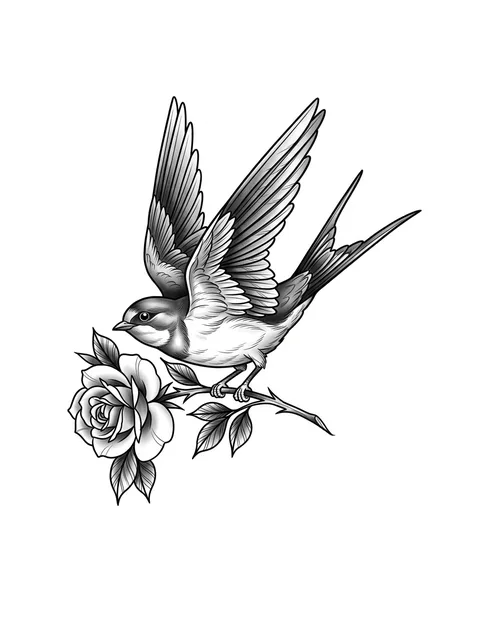 Tattoo-Vorlage mit einer Schwalbe und einer Rose, Stil: illustrativ, in Schwarz-Grau