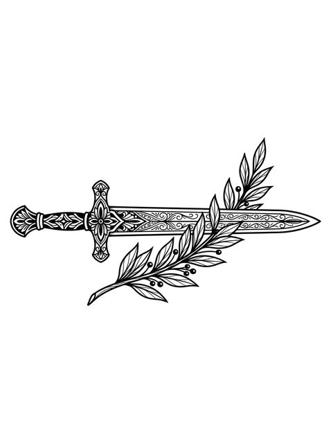 Black and white illustrative sword and leaf tattoo design