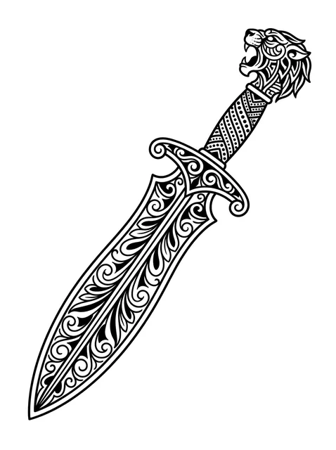 Black and grey illustrative sword and lion tattoo design: an ornate sword with a lion's head pommel