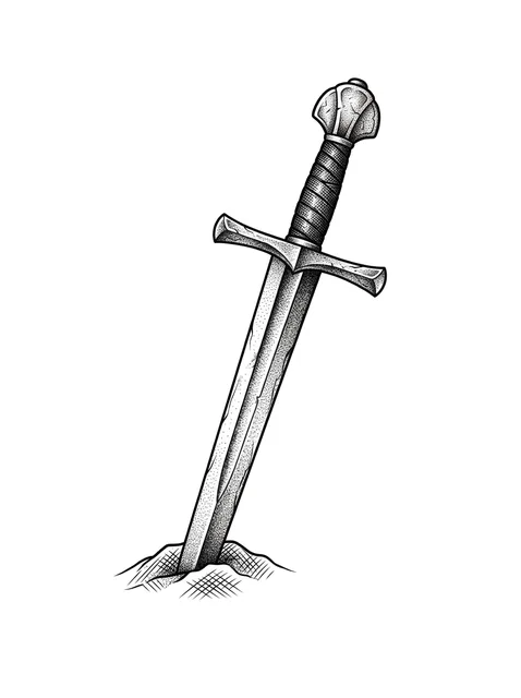 Black and grey illustrative sword tattoo design: a sword plunged into the ground
