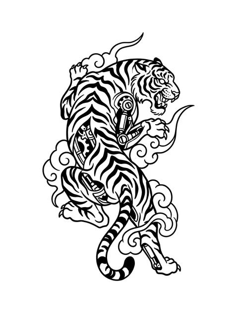 Black and white illustrative tiger and cloud tattoo design