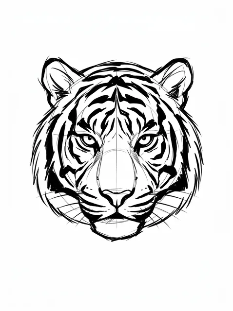 Black and white illustrative tiger tattoo design: a tiger's head
