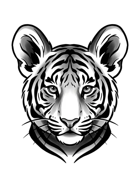 Black and grey illustrative tiger tattoo design: a tiger's head