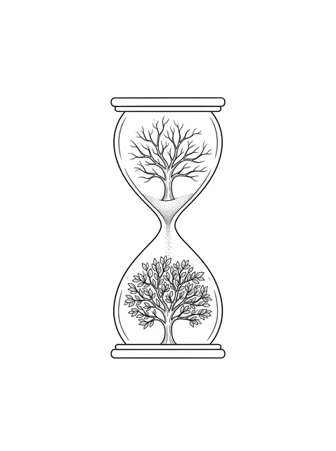Black and grey illustrative hourglass and tree tattoo design: an hourglass with two trees inside