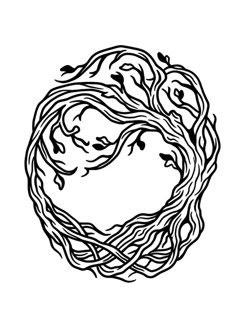 Black and grey illustrative tree and leaf tattoo design: a circular tree of life