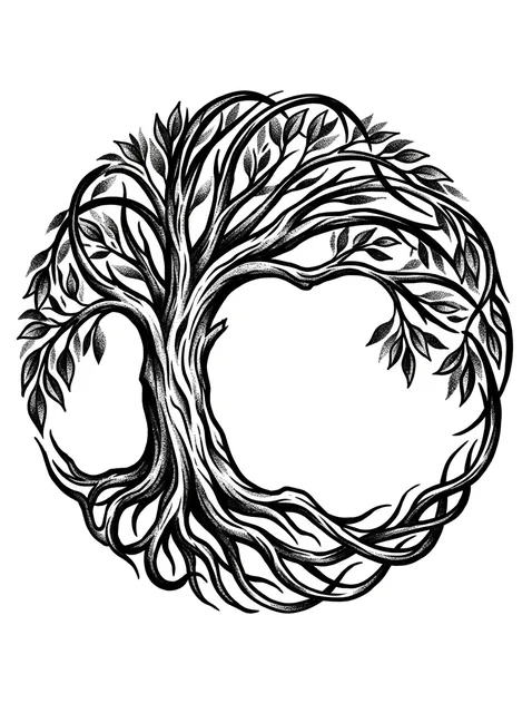 Black and grey illustrative tree and leaf tattoo design: a circular tree of life