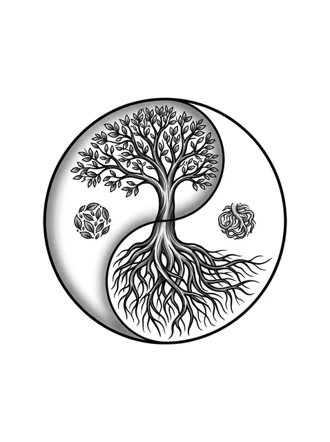 Black and grey illustrative yin yang and tree tattoo design