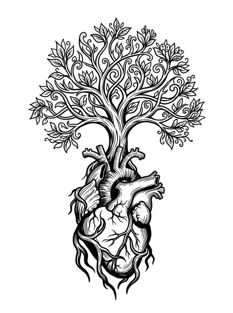 Black and grey illustrative tree of life and heart tattoo design