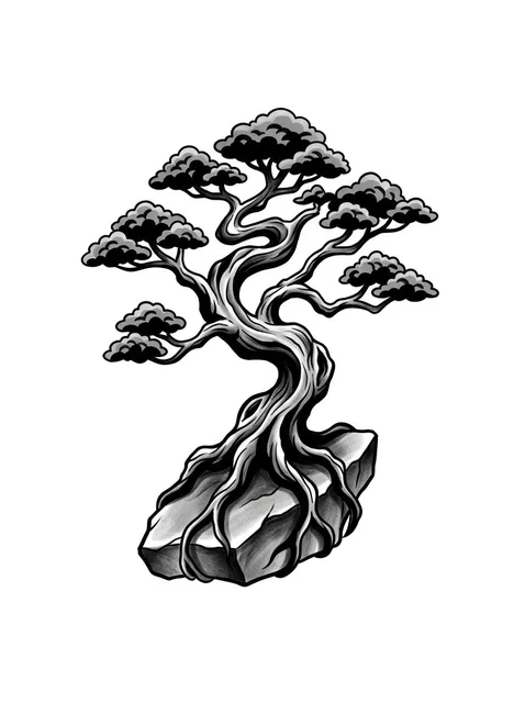 Black and grey illustrative tree of life tattoo design