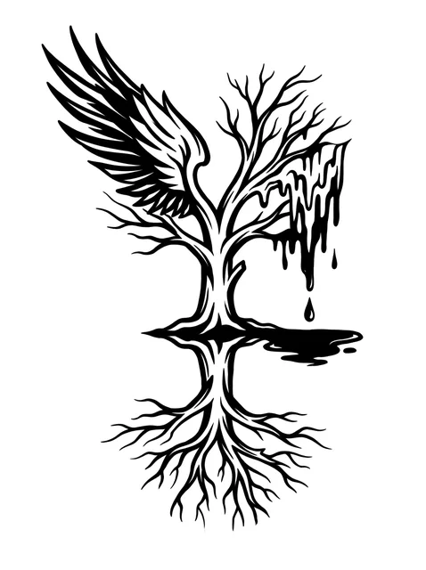 Black and grey illustrative tree tattoo design