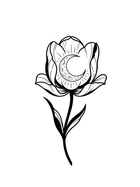 Black and grey illustrative tulip and moon tattoo design