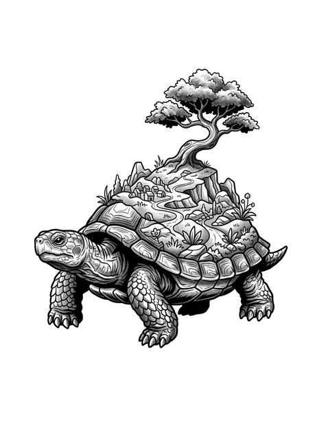 Black and grey illustrative turtle and tree tattoo design