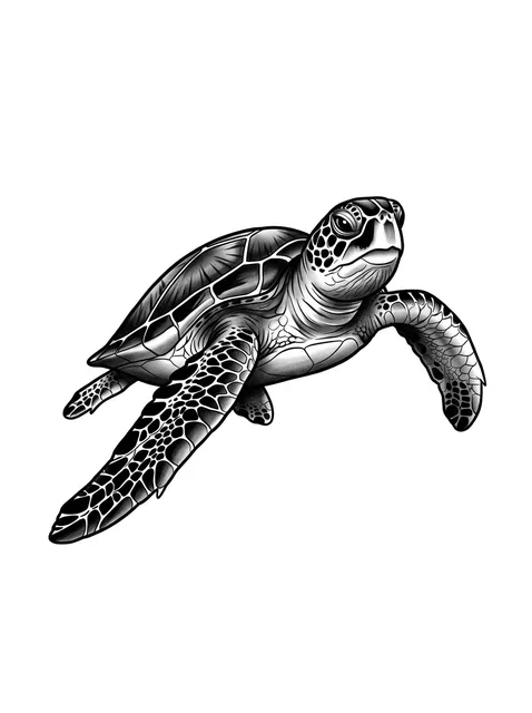 Black and grey illustrative turtle tattoo design: a sea turtle