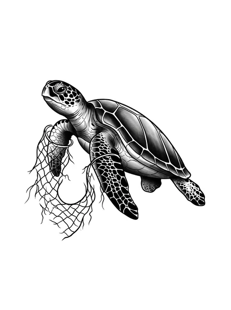 Black and grey illustrative turtle tattoo design: a sea turtle