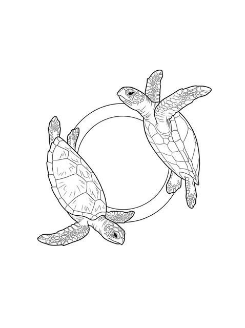 Black and grey illustrative turtle tattoo design: two sea turtles swimming in a circular formation