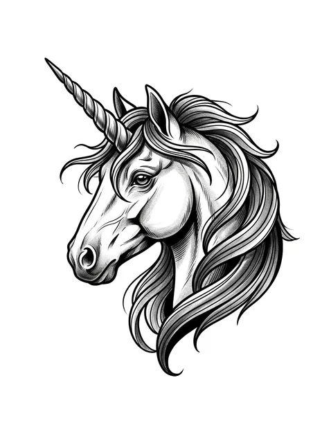 Black and grey illustrative unicorn tattoo design