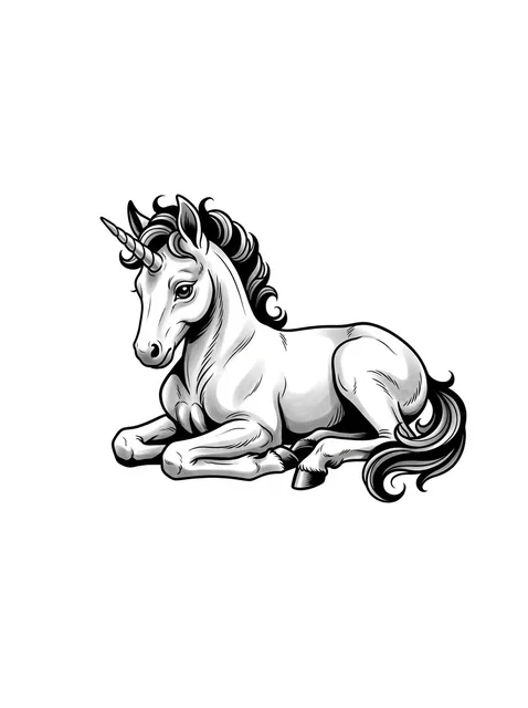 Black and grey illustrative unicorn tattoo design