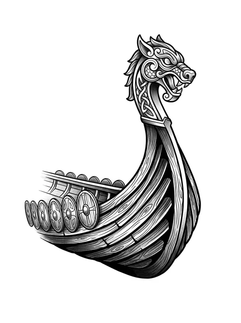 Black and grey illustrative viking and ship tattoo design