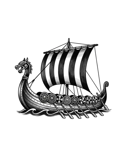Black and grey illustrative viking and ship tattoo design