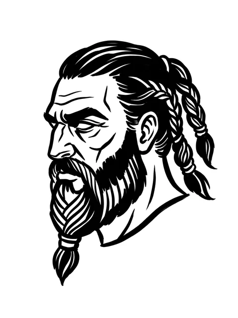 Black and white illustrative viking tattoo design: a fierce warrior's head in profile