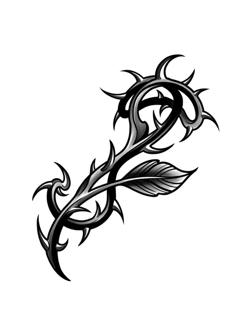 Black and grey illustrative vine and leaf tattoo design: a thorny vine with a single leaf