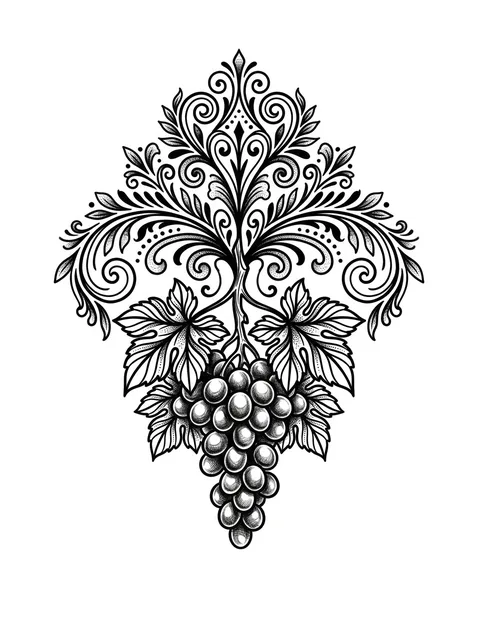 Black and grey illustrative vine and leaf tattoo design: an ornate vine with a cluster of grapes