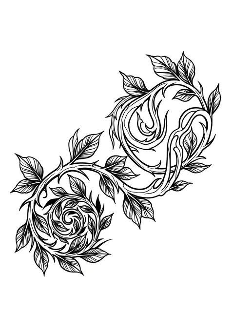 Black and grey illustrative vine and leaf tattoo design