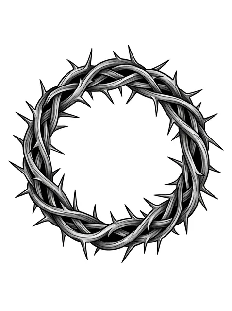 Black and grey illustrative vine tattoo design: a crown of thorns woven into a circular wreath