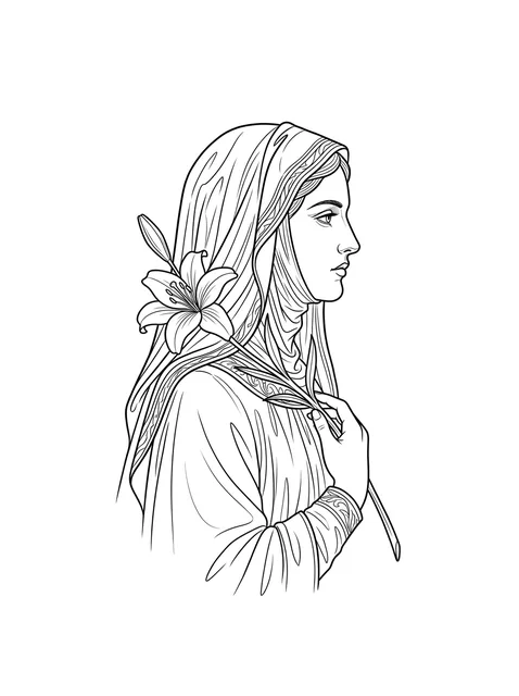 Black and white illustrative lily and virgin mary tattoo design