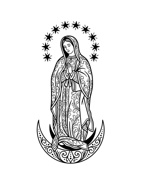 Black and white illustrative virgin mary and moon tattoo design: the Virgin Mary