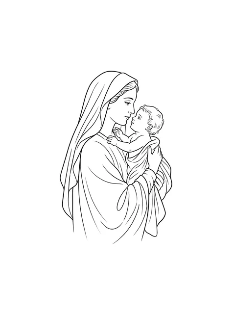 Black and grey illustrative jesus and virgin mary tattoo design: the Virgin Mary cradling baby Jesus